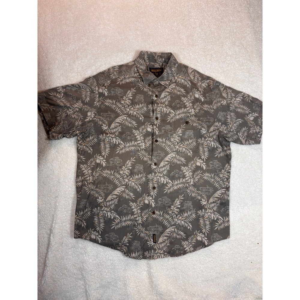 Woolrich Mens Short Sleeve‎ Button Down Shirt Gray Tropical Jeep Print Large
